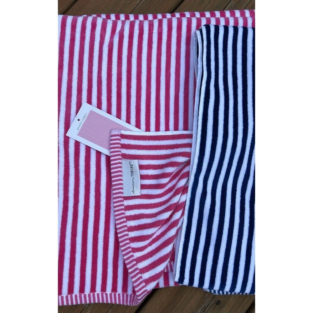 Common Thread Beach Towel Set Navy Blue & Pink White Stripes Soft Cotton New